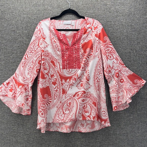 Susan Graver Womens Blouse Size 12 Paisley Bohemian Tunic Bell Sleeve Summer - Picture 1 of 13